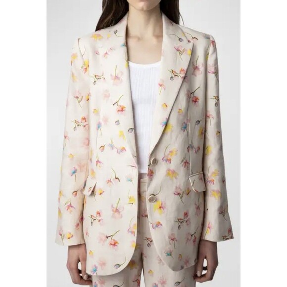 Zadig & Voltaire Vegy Linen Courtney Blazer Floral Pink White Jacket 42 XL - Picture 1 of 14